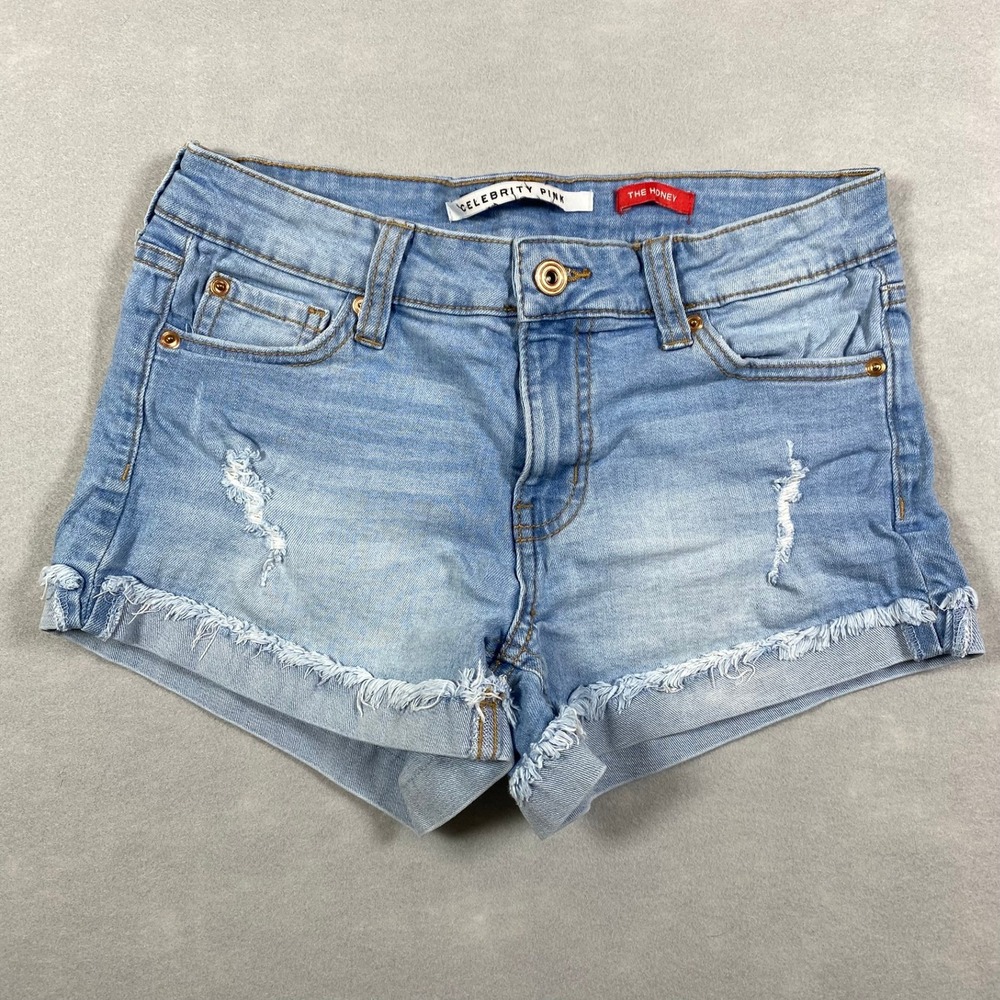 Celebrity Pink The Honey Distressed Denim Shorts Light Wash Blue Juniors 3/26